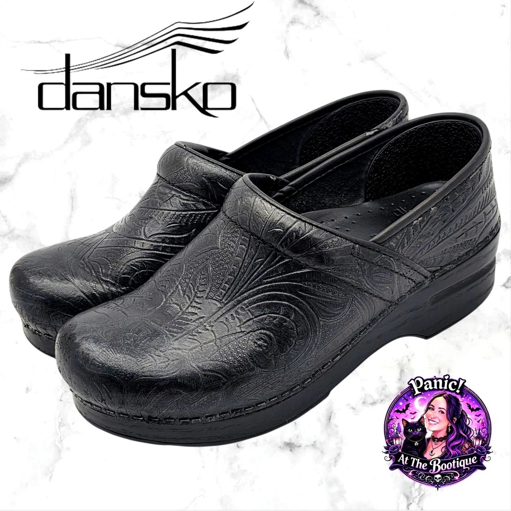Women's 6.5 37 Dansko Professional‎ Black Tooled Floral Leather Clog Shoes Work
